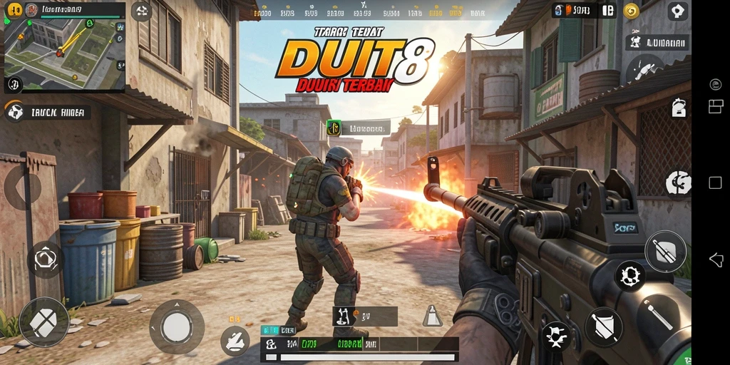 Screenshot gameplay DUIT8 menampilkan aksi seru dalam pertempuran TPS.
