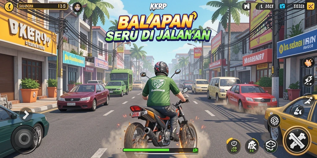 Tampilan gameplay KKRP yang menegangkan saat balapan di jalanan.